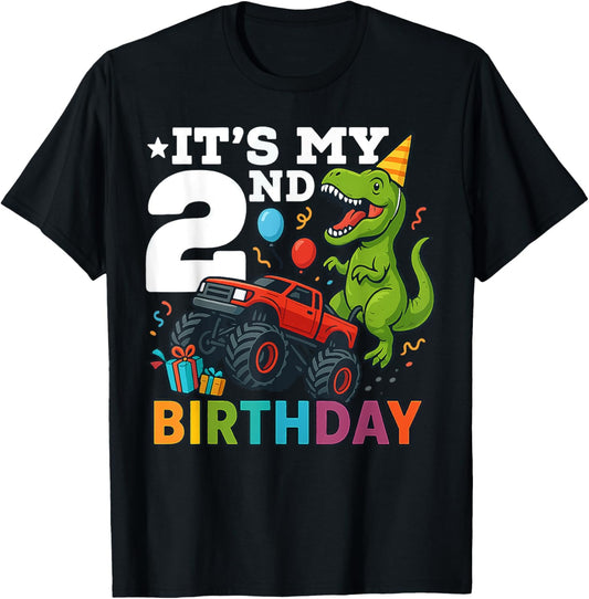 It's My 2nd Birthday Dinosaur Monster Truck Birthday Fun T-Shirt