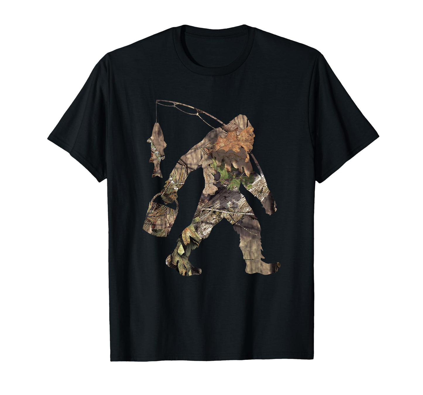 Fishing Bigfoot Carrying Fishing Pole Camo Sasquatch T-Shirt