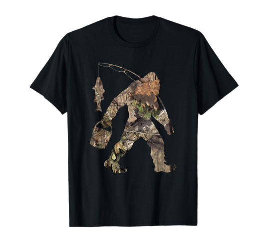 Fishing Bigfoot Carrying Fishing Pole Camo Sasquatch T-Shirt