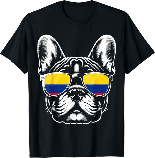 Aviation French Bulldog Sunglasses Flag of Colombia T-Shirt
