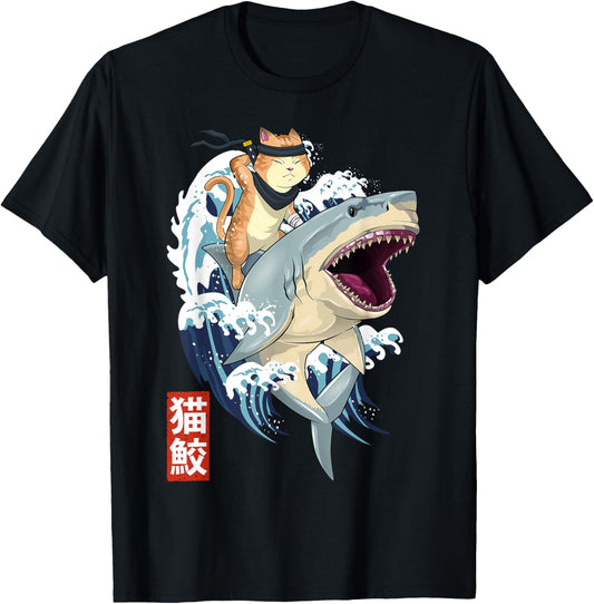 Samurai Cat Shirt - Retro Ninja Japanese Cat Shark Kanagawa T-Shirt