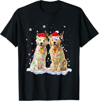 Golden Retriever Christmas Santa Hat Reindeer Lights Pajama T-Shirt