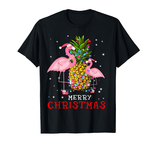 Flamingo Christmas Tree Pineapple Xmas Light Merry Christmas T-Shirt
