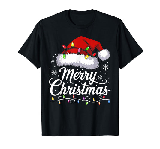 Merry Christmas Lights Santa Hat Funny Xmas Family Men Women T-Shirt
