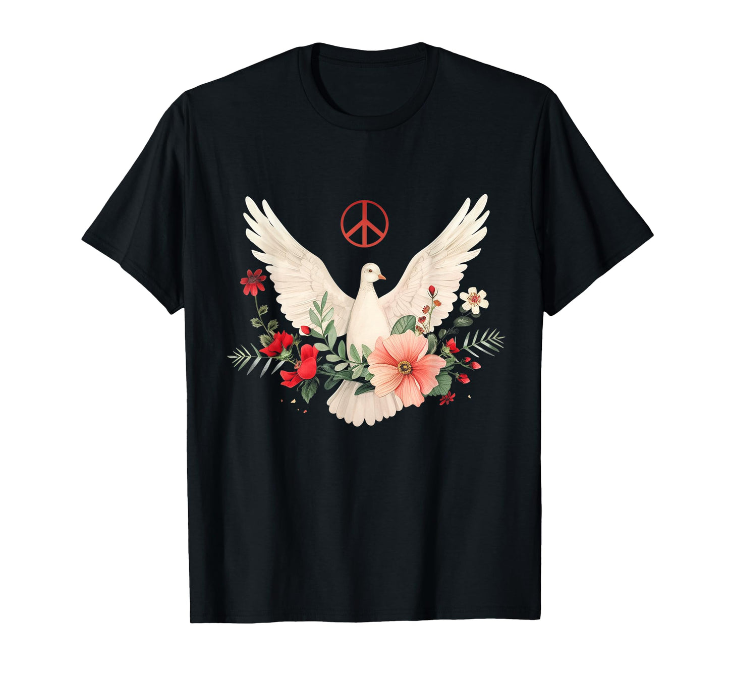 Peace Sign Dove White Pigeon Bird Vintage Flowers T-Shirt