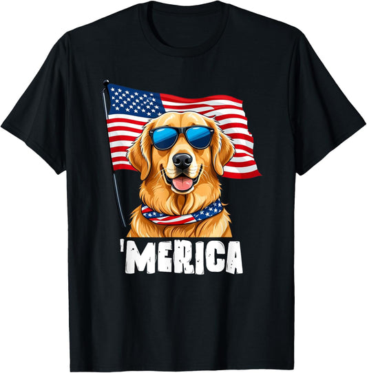Golden Retriever Merica USA Flag Patriotic Dog T-Shirt