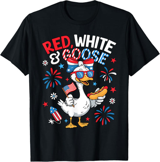Red White Goose 4th Of July Hotdog USA Flag Girls Women T-Shirt