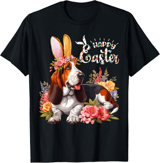 Cute Basset Hound Dog With Bunny Ears & Flowers Easter Day T-Shirt