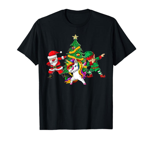 Dabbing Santa Elf Unicorn Christmas Tree Kids Boy Girl Gifts T-Shirt