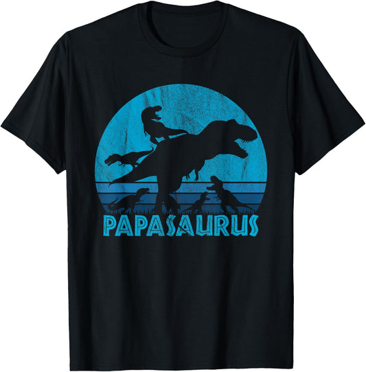 Papasaurus 5 Kids Vintage Retro Sunset Funny Dad of 5 T-Shirt
