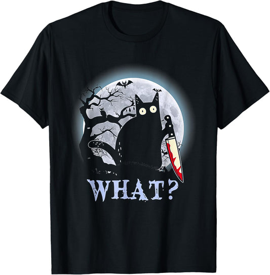 Cat What With Moon Funny Cat Knife Halloween T-Shirt