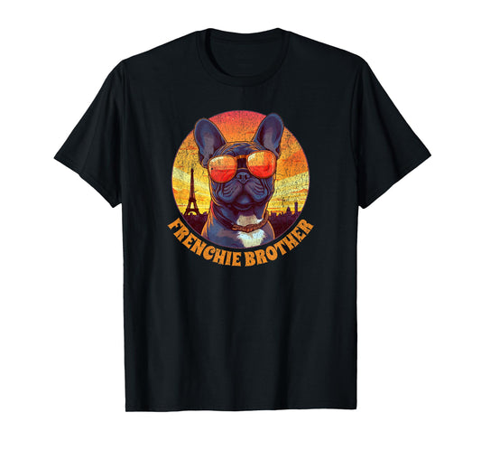 Frenchie Brother French Bulldog in Paris Vintage Sunset Men Kids T-Shirt