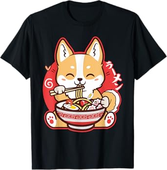 Kawaii Corgi Eating Ramen Cute Japanese Anime Dog Lovers T-Shirt