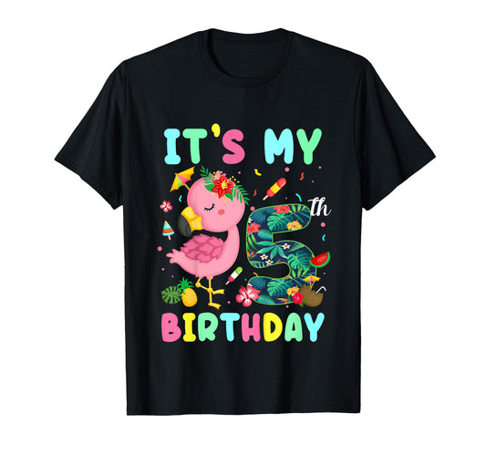 Kids It's My 5th Birthday Flamingo Shirt Hawaii 5 Yrs Old Girl T-Shirt