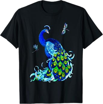 Blue Peacock and Dragonflies T-Shirt