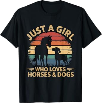 Just a Girl Who Loves Horses and Dogs Retro Sunset T-Shirt