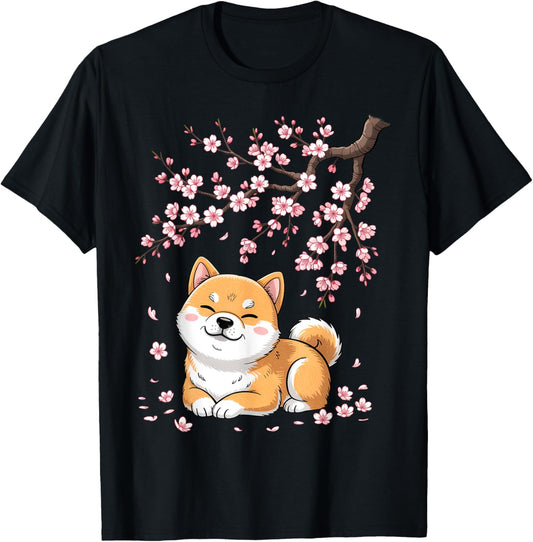 Kawaii Shiba Inu Dog Cherry Blossoms Japanese Sakura Flower T-Shirt
