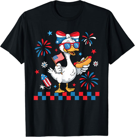 Cute Patriotic Goose Hotdog USA Flag Girls Kids 4th of July T-Shirt