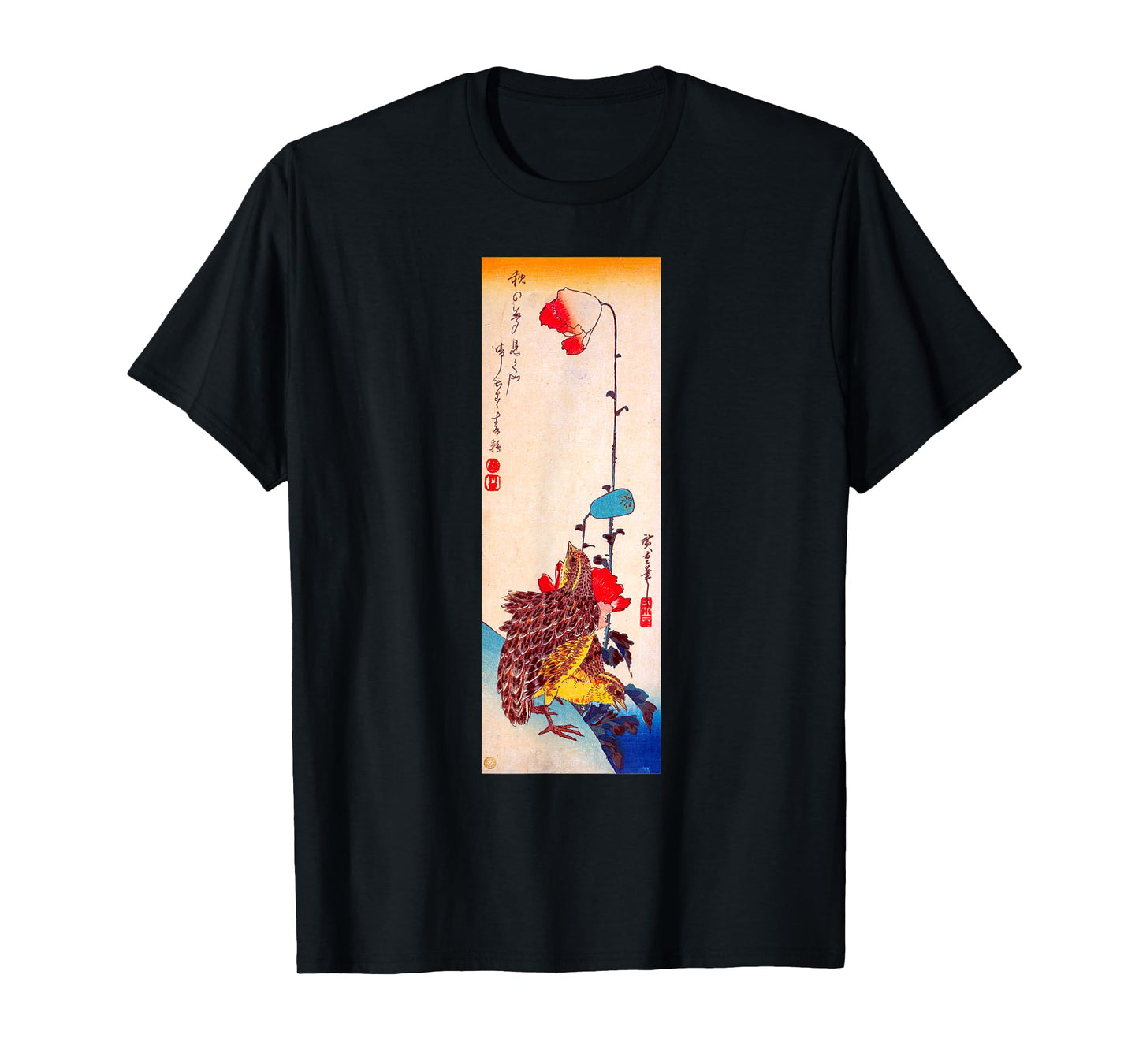 Japanese Art, Hiroshige Woodblock Art Design Tee Quails and