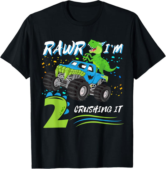 Rawr I'm 2 Monster Truck Dinosaur 2nd Birthday Party T-Shirt