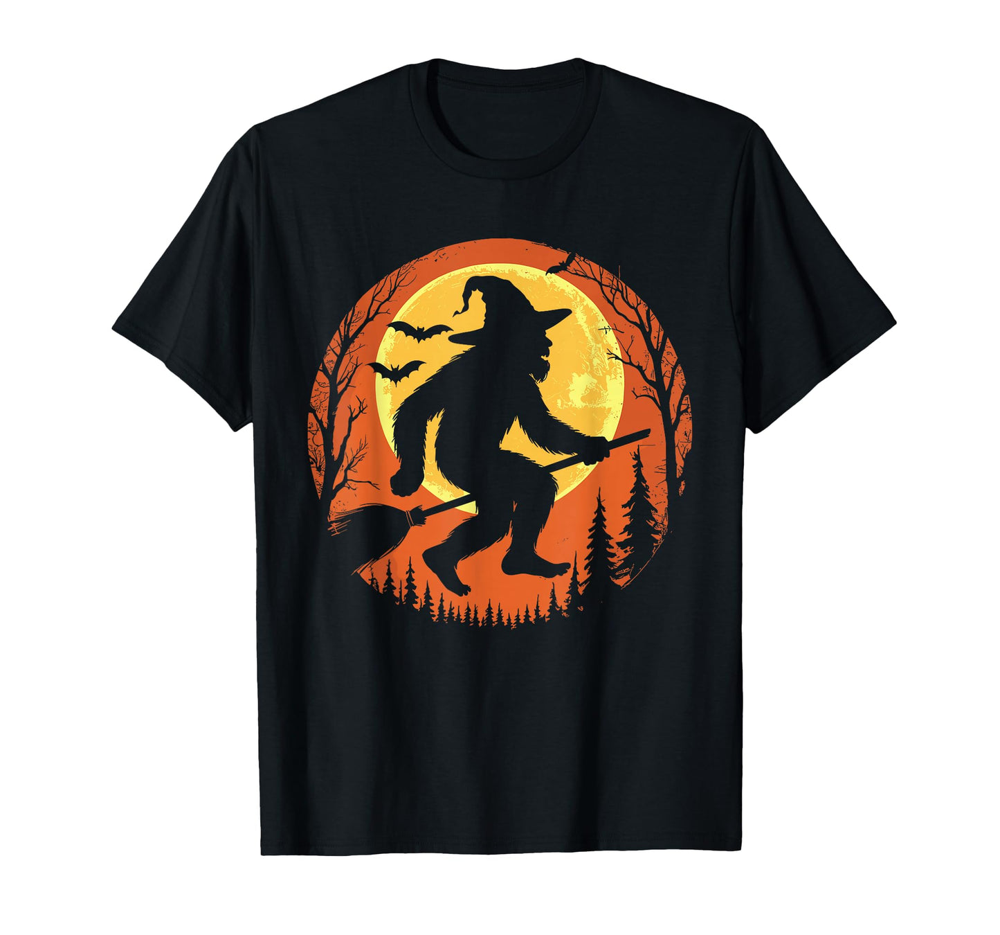 Funny Bigfoot Halloween Spooky Sasquatch Witch Hat Broom T-Shirt