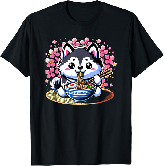 Kawaii Siberian Husky dog Eating Ramen T-Shirt