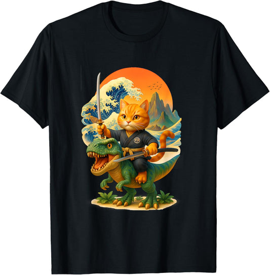 Samurai Cat Riding Dinosaur Japanese Ukiyo-e Cat Samurai T-Shirt