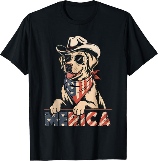 Merica - Patriotic American Flag Golden Retriever Dog Lover T-Shirt