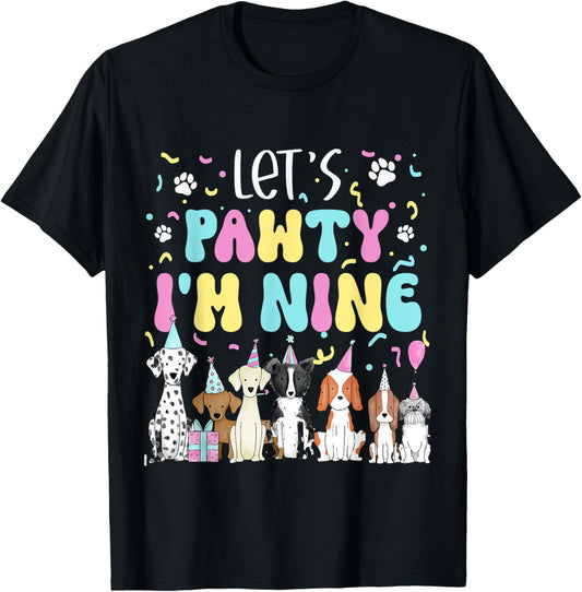 Kids Lets Pawty I'm Nine Pet Puppy Dog Theme Birthday Party T-Shirt