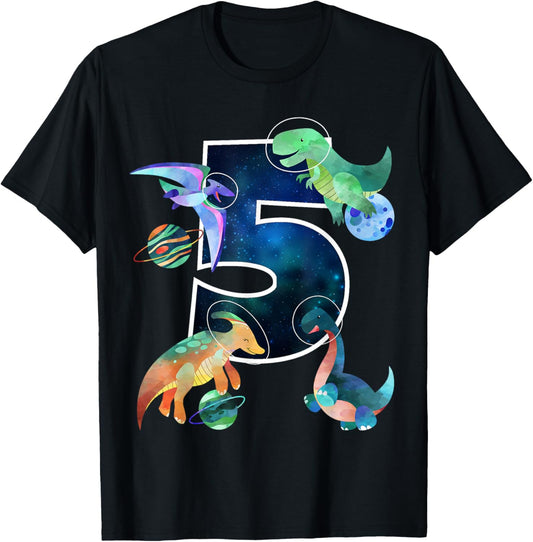 Kids Astronaut Outer Space Dinosaurs 5th Birthday Boy Gift T-Shirt