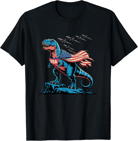 Dinosaur 4th of July Flag Jets T-Rex American USA Patriotic T-Shirt