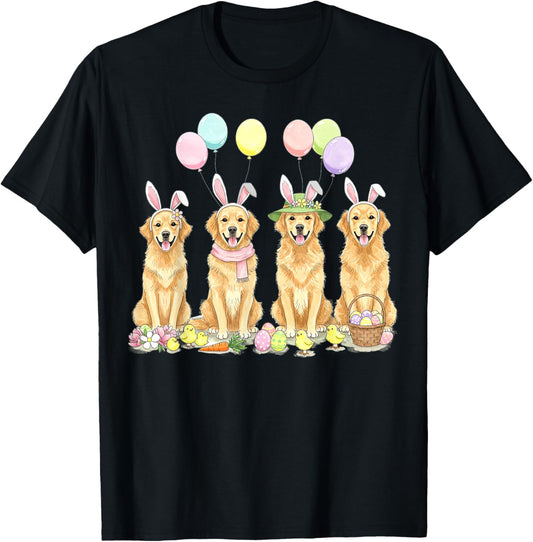 Golden Retriever Dogs With Bunny Ears Egg Basket Easter Day T-Shirt