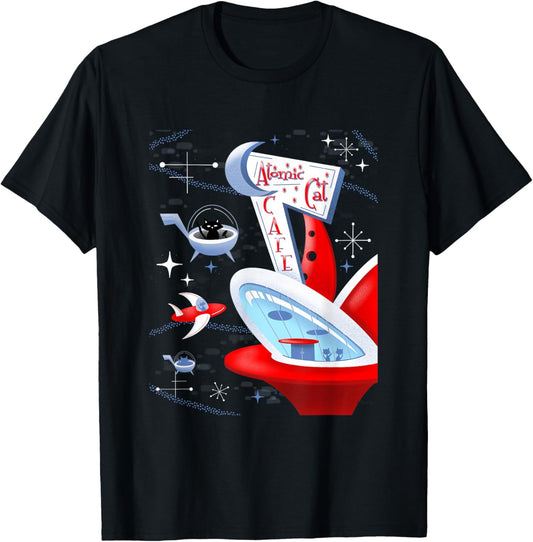 Funny Atomic Cat Cafe Retro Futuristic Spaceport Mid Century T-Shirt