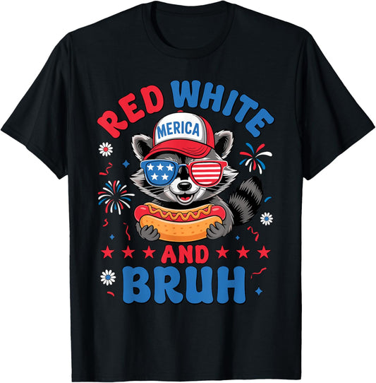 Red White and Bruh Raccoon Hotdog 4th of July Boys Girls T-Shirt