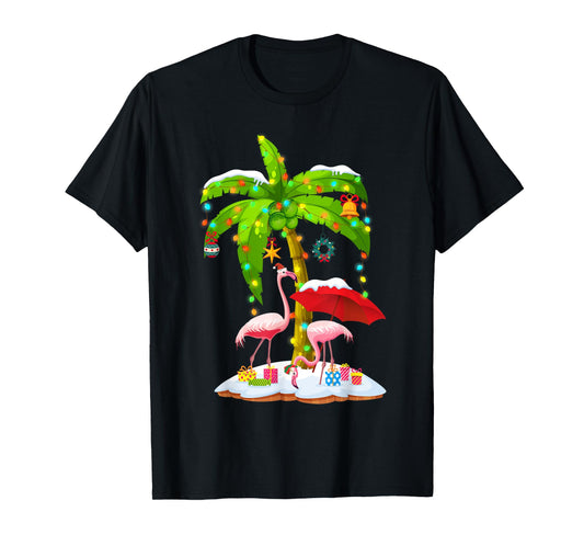 Flamingo Santa hat Palm tree Merry Christmas lights T-Shirt