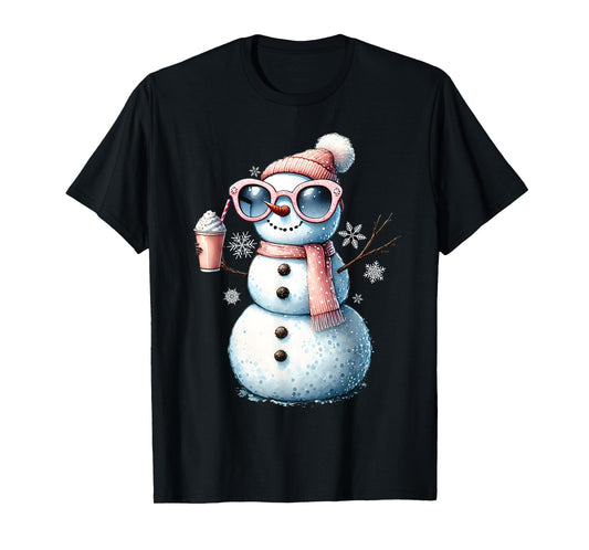 Xmas Snowman Drinking Hot Chocolate Bougie Women Christmas T-Shirt
