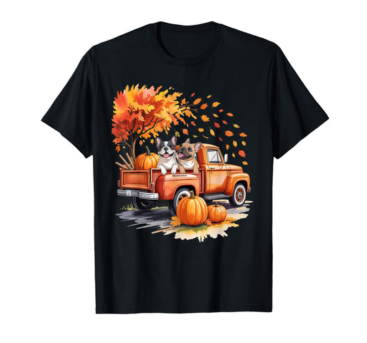 French Bulldog Truck Pumpkin Autumn Fall Leaves Thanksgiving T-Shirt