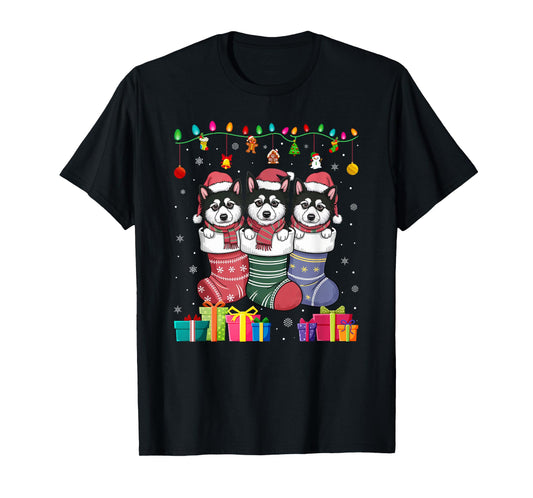 Three Alaskan Klee Kai Dog in Sock Funny Boys Girls Xmas T-Shirt