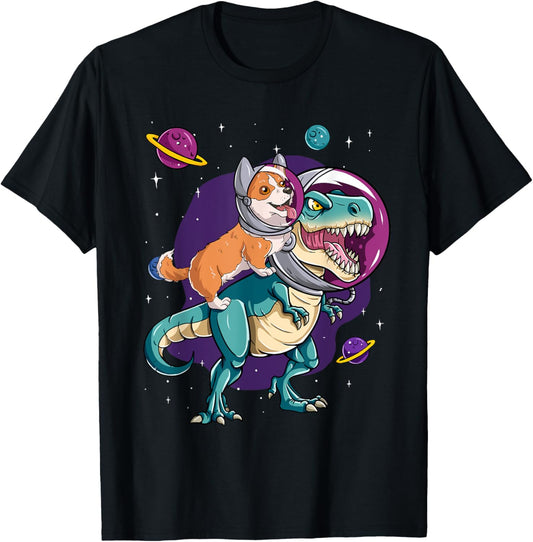 Dinosaur T Rex Space Planets Sparkles Corgi T-Shirt