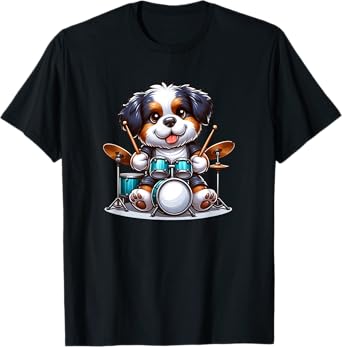 Cool Bernese Mountain Dog Drummer Design For Band Fans Men Women Kids T-Shirt