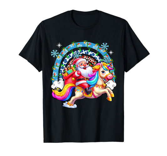 Santa Riding Colourful Unicorn Christmas Rainbow Xmas Lights T-Shirt