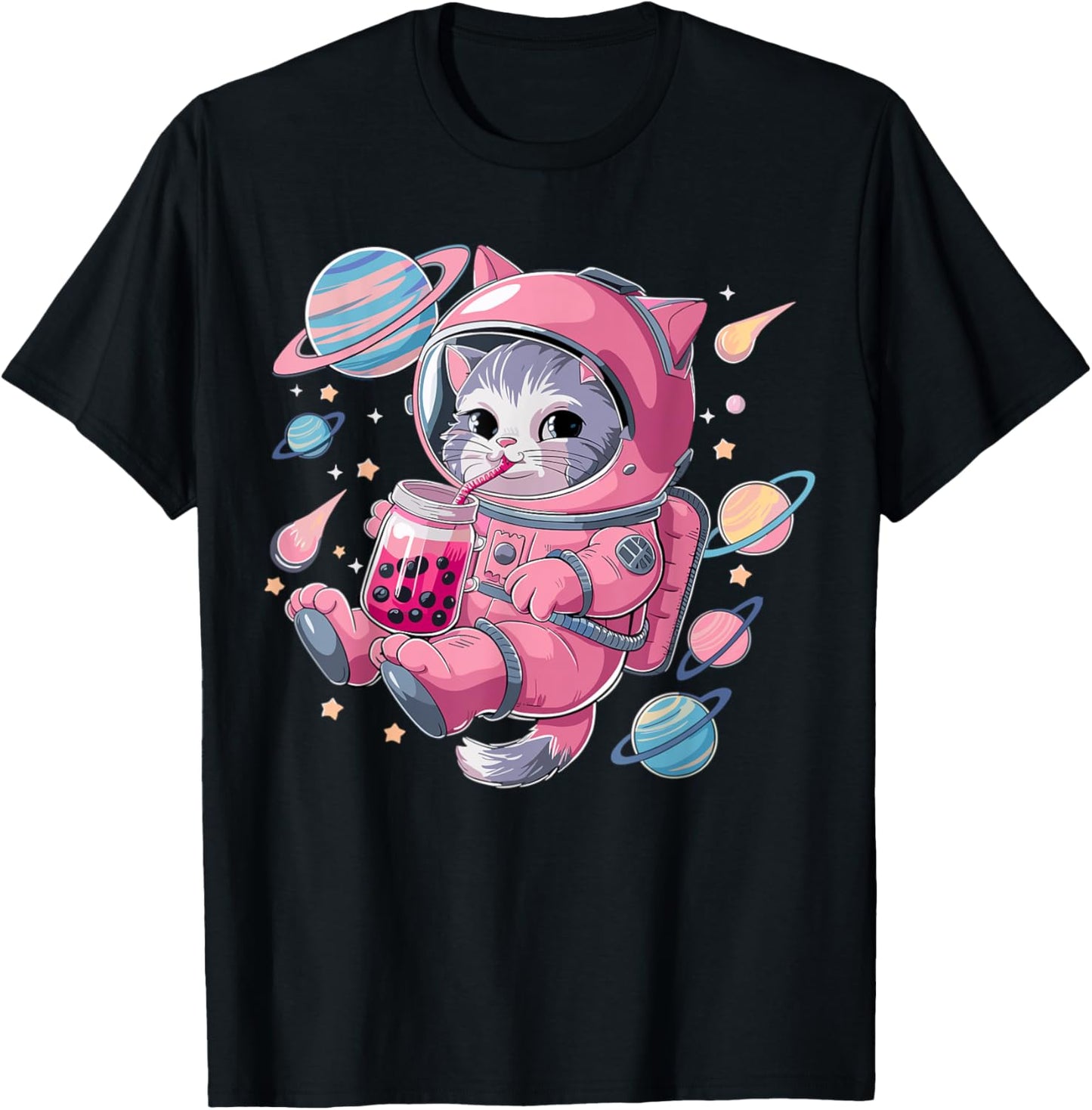 Kawaii Cat Bubble Tea Boba Tea Space Astronaut Anime Girls T-Shirt