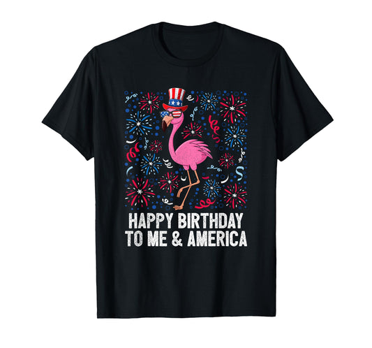 4th Of July Happy Birthday To Me And America Flag Flamingo T-Shirt