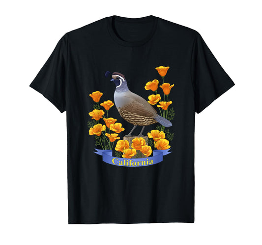California Valley Quail State Bird & Golden Poppy Flowers T-Shirt