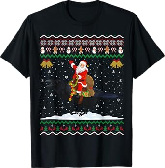 Raven Ugly Xmas Gift Santa Riding Raven Christmas T-Shirt