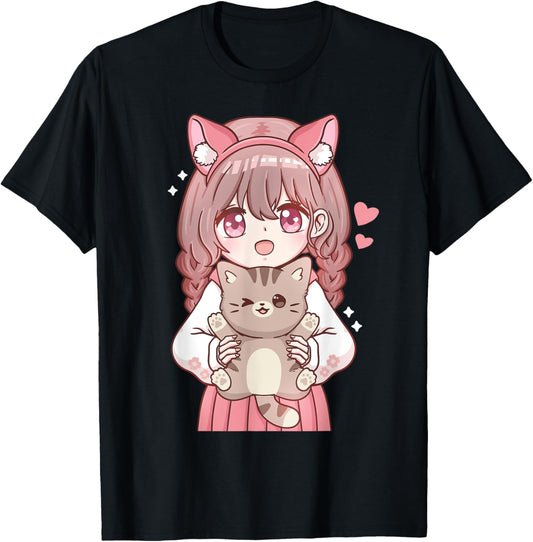 Anime Girl with Cat Kawaii Cat Lover Otaku T-Shirt