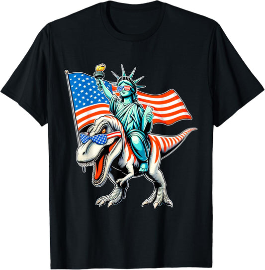 Dino Statue Of Liberty 4th Of July Shirt Boys American Flag T-Shirt
