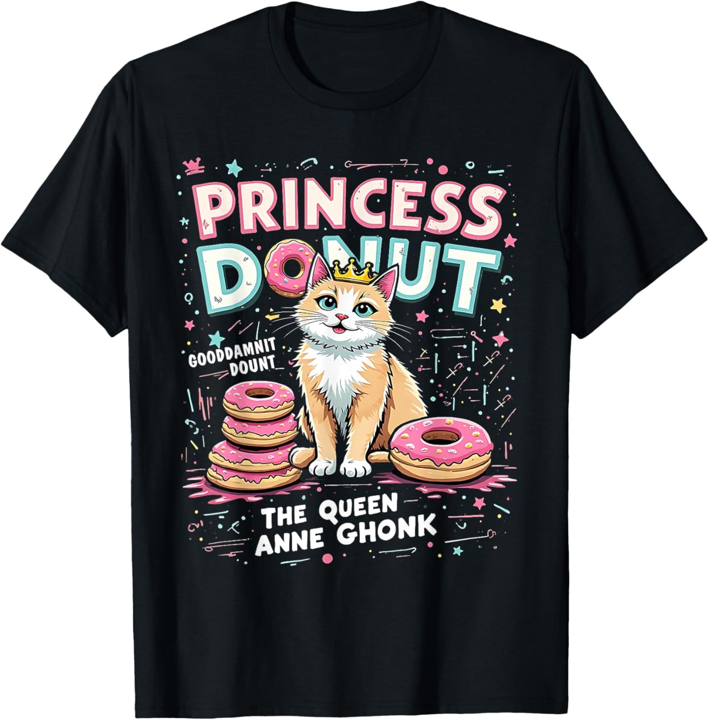 Donut Cat Princess with Crown Kawaii Funny Pastel Design T-Shirt