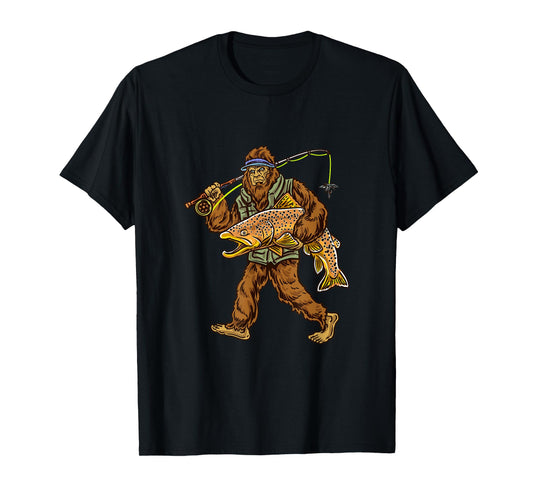 Brown Trout River Fishing Bigfoot Hunting Fishermen T-Shirt