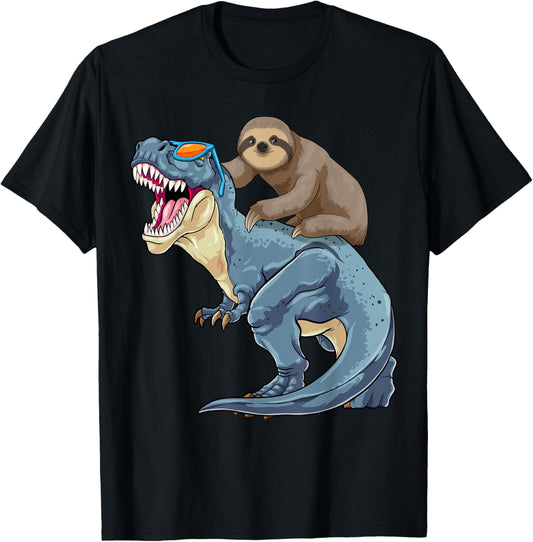 Sloth Riding Dinosaur T-Rex Funny Lazy Animal Dino Pun T-Shirt